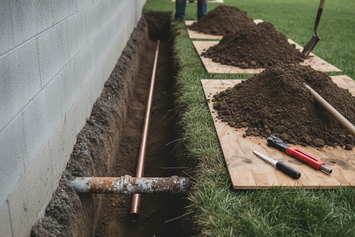 Excavated water line trench during Water Softener Installation in Falcon